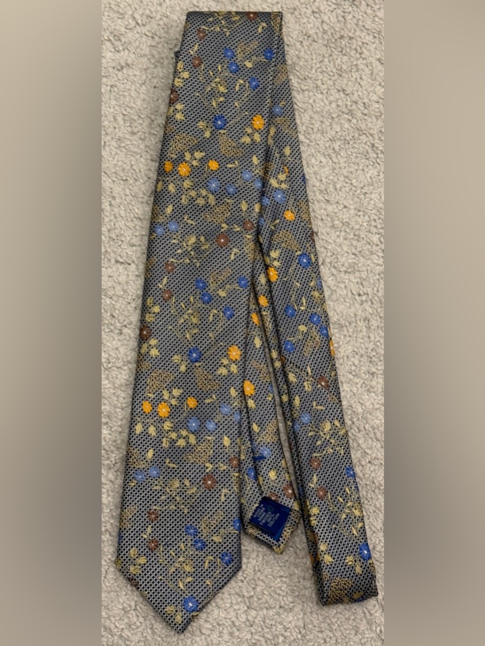 Egara Navy Floral Silk Tie with Blue, Yellow & Brown Mini Flower Accent